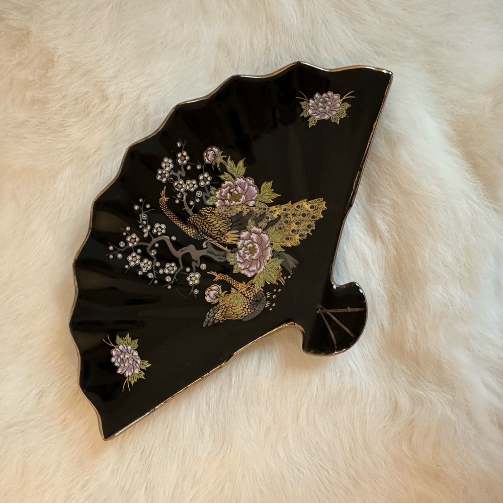 Vintage Black Fan-Shaped Decorative Plate with Floral Design